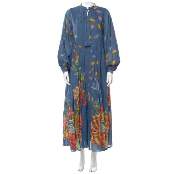 Carolina K Maxi Dress Blue Floral Prints Button Front Size S Long Puff Sleeves - Picture 1 of 11